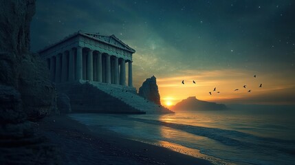 Ancient temple sunset ocean beach fantasy