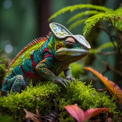 Fototapeta premium Hidden Harmony: Chameleon Blending with Moss and Leaves in Serene Forest