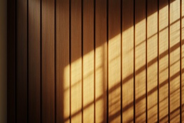 Light streams through wooden blinds casting shadows on wall