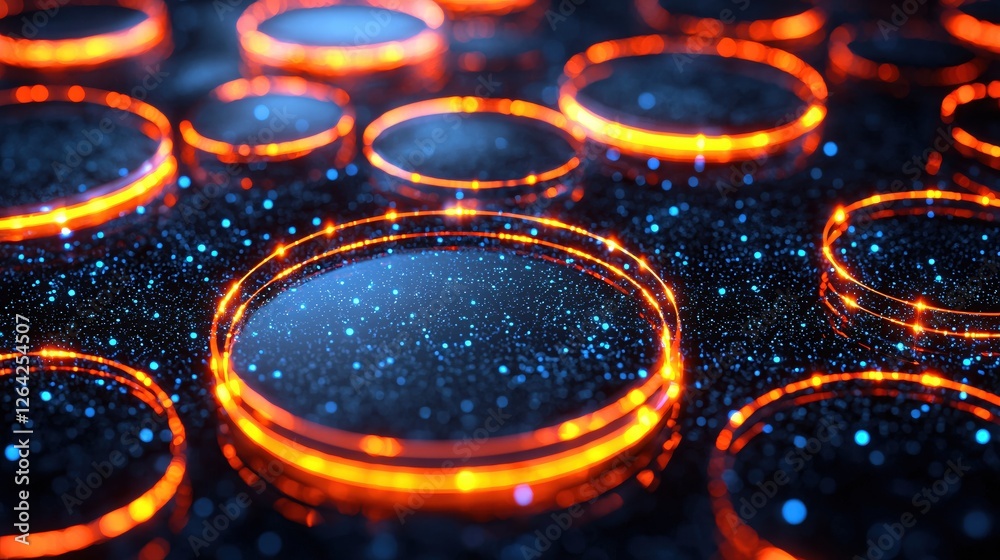 Aufkleber Abstract glowing circles on dark background with blue specks creating a futuristic scene