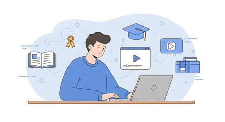 E-learning with man using laptop, online education, graduation cap and video tutorial
