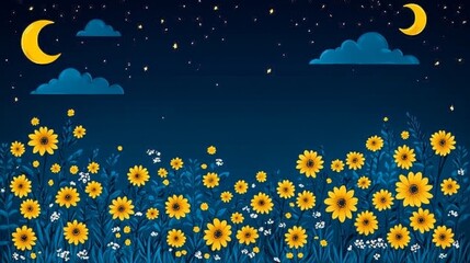 Fototapeta premium Night Sunflower Field Under Crescent Moons and Sparkling Starry Sky Creates Dreamy and Serene Vector Background