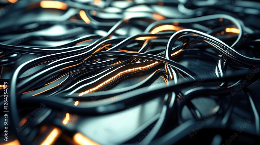 Poster abstract metallic cables with orange light glowing in the background modern technology design