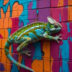 Urban Jungle: Chameleon Blending with Colorful Graffiti Wall