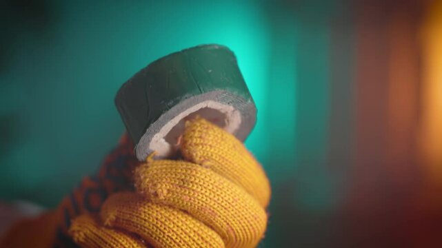 Emergency Repair Duct Tape in Safety Glove, Quick Fix Industrial Tool Close Up with Dual Color Lighting, Maintenance Macro Shot