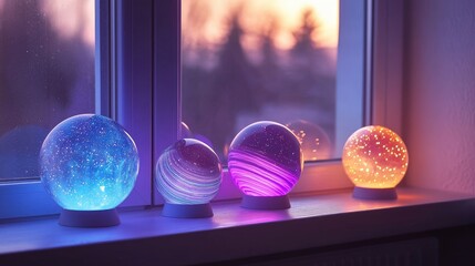 Colorful glowing orbs on a windowsill at sunset, casting vibrant reflections in a serene setting