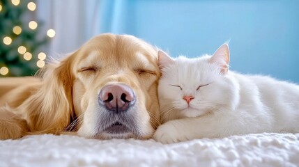 Golden Retriever and White Cat Napping Together