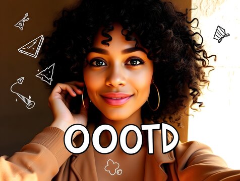 Natural earth tones with intense, dramatic lighting. High contrast image of a woman taking a selfie. Browns, beiges, muted colors. Fashion accessories and doodles, text OOTD in a bold fo..