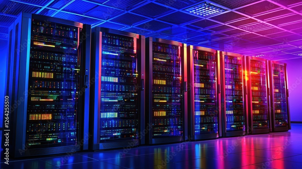 Poster Data center servers in a row with blue and red lights reflecting on the shiny floor