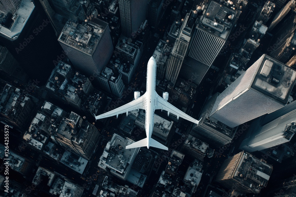Poster airplane flying over a bustling city skyline during daylight with urban structures below. generative