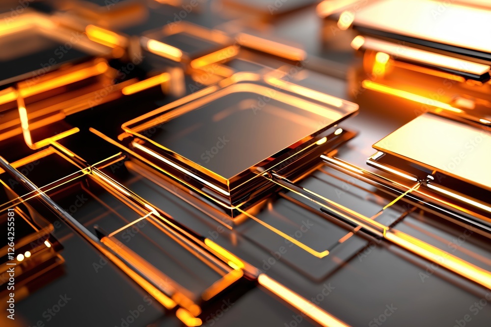 Poster abstract geometric composition with glowing orange lines and reflective surfaces for modern design