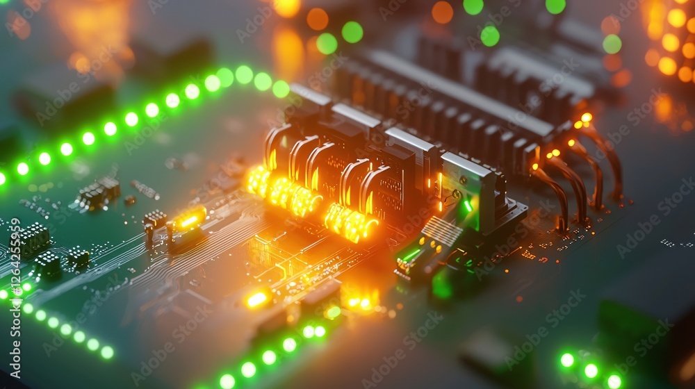 Aufkleber glowing circuit board close up with green and orange lights illuminating complex technology