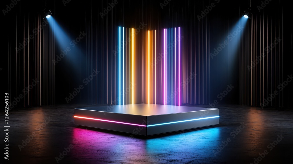 Poster modern minimalist stage with vibrant neon lights illuminating a dark background presentation scene