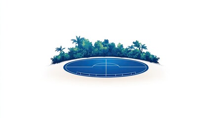 A vibrant illustration of a tropical sports field surrounded by lush greenery and palm trees