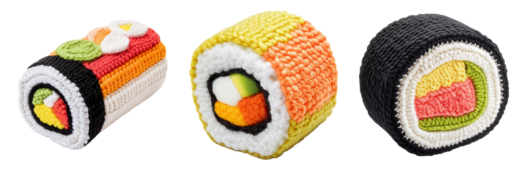 Handcrafted Crochet Sushi Models Displayed Isolated on transparent background