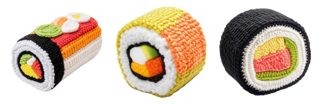 Handcrafted Crochet Sushi Models Displayed Isolated on transparent background - Powered by Adobe