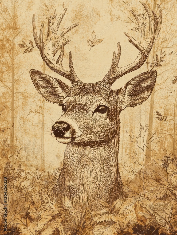 Fototapete intricate engraving of a deer portrait showcasing detailed line work and sepia tones with ample spac