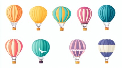 Colorful hot air balloons in various designs and vibrant shades