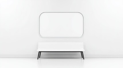 Minimalist interior featuring a sleek white bench against a plain wall with a blank frame