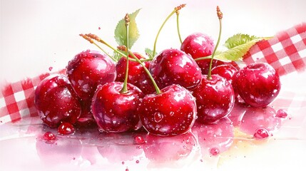Juicy Cherries Watercolor Painting  Red   White Gingham Background
