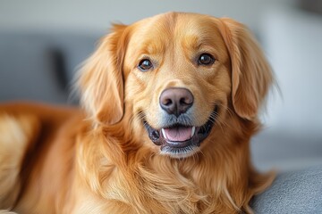 Fototapeta premium Golden Retriever Lying Down and Smiling at Camera on White Background, Detailed with Natural Lighting and Sharp Focus in High-Resolution Photography.