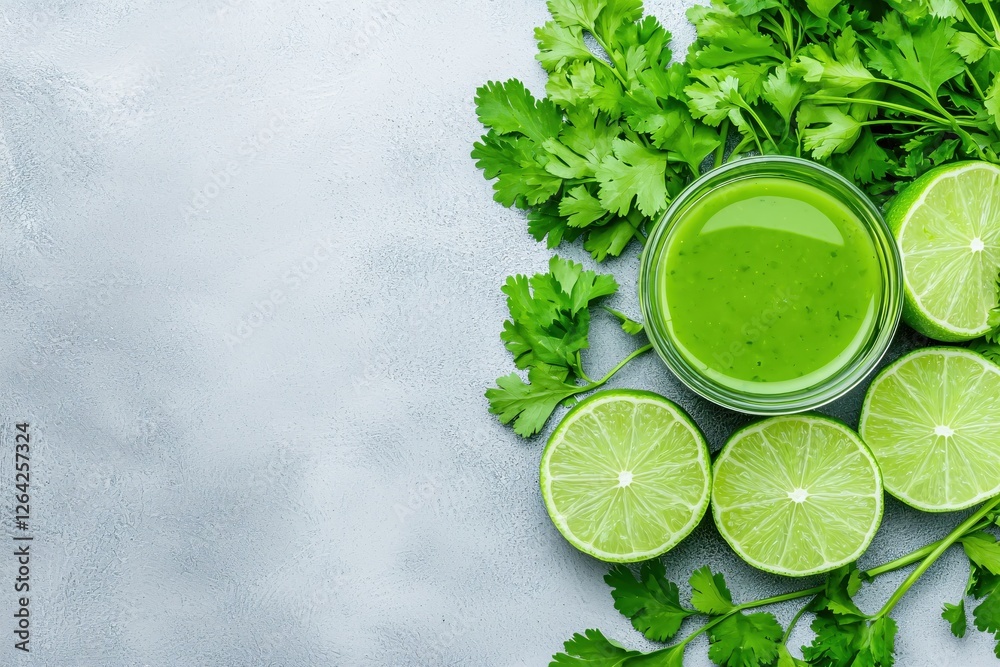 Aufkleber vibrant green detox juice with fresh cilantro and lime slices on a textured gray background