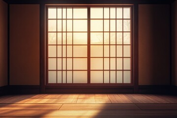 Light shines through traditional japanese shoji screen window in room