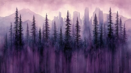 Obraz premium Mystical forest landscape with towering trees and distant mountains under a purple sky