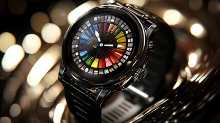 Close-up of a colorful watch displaying vibrant hues against a blurred bokeh background