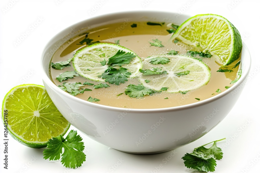 Poster refreshing lime soup with cilantro in a white bowl on a bright white background close up