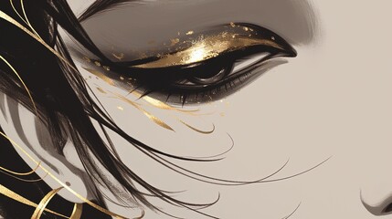 Fototapeta premium Golden eye makeup closeup, dark hair, abstract background, beauty editorial