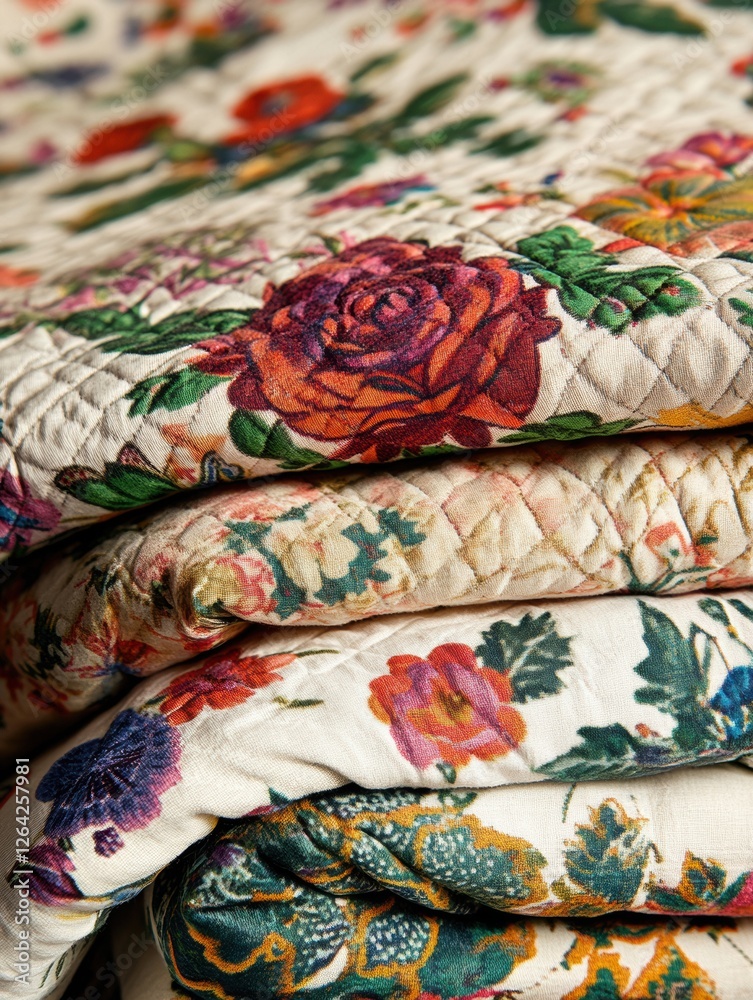 Leinwandbilder Close up view of vibrant patterned fabrics showcasing floral and geometric designs with space for text inclusion. Generative AI