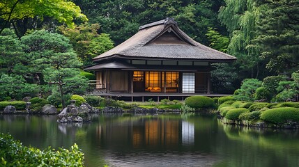 Serene Japanese Garden with Traditional House and Reflective Pond in Tranquil Setting