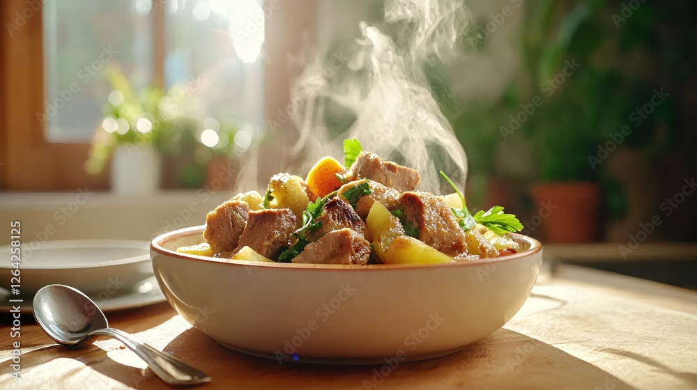 Poster steaming pork stew with potatoes and carrots in a bowl on a wooden table warm light