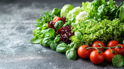Fresh vegetables including lettuce, spinach, and tomatoes on textured surface
