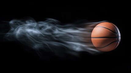 A basketball in motion, surrounded by a smoky trail, capturing dynamic energy.