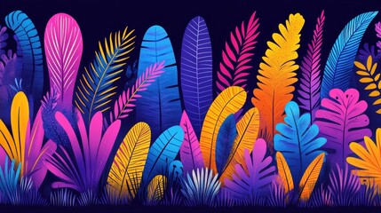 Fototapeta premium Vivid Pixelated Botanical Garden A Retro Style Digital Illustration of Vibrant Exotic Flora and Foliage in a Neon Color Palette