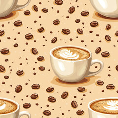 Obraz premium Seamless pattern of coffee cups and coffee beans on beige background