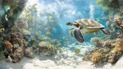 Naklejka premium Underwater Coral Reef Scene Sea Turtle Tropical Fish Ocean Life