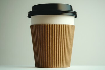 To-Go Coffee Cup with Black Lid and Brown Sleeve on White Background, High-Resolution Image Ideal for Branding and Advertising.