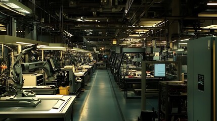 High-Tech Manufacturing Facility with Robotic Arms and Industrial Equipment