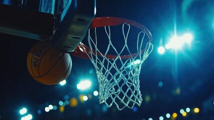 A basketball is about to enter the hoop under bright lights in a sports arena.