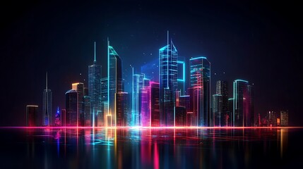 Fototapeta premium Futuristic Neon City Skyline at Night with Reflections on Water Surface