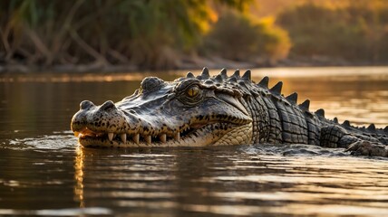 Obraz premium Massive Crocodile Basking on Sunlit Riverbank with Jaws Slightly Open