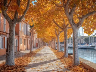 Naklejka premium Autumnal walkway along canal with colorful trees and buildings.