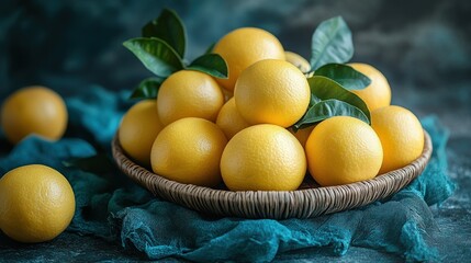 A Basket of Ripe Yellow Oranges with Green Leaves