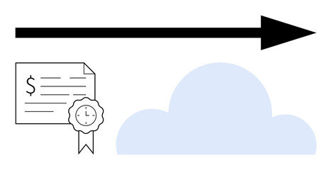 Financial document with deadline badge, cloud, and forward pointing arrow. Ideal for business growth, time management, digital transformation, financial planning, cloud computing, goal setting