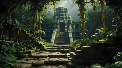 Ancient Jungle Temple Ruins Mysterious Lost Civilization, Overgrown Stone Architecture, Lush Greenery, and Exotic Adventure – Ai generated Stunning Fantasy Archaeological Scene for Exploration