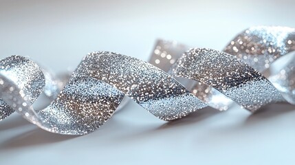 Shimmering silver ribbon spiraling elegantly on a soft white background, creating a festive atmosphere