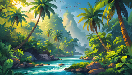 Lush Tropical Rainforest with Serene River at Sunrise – Vibrant Greenery, Exotic Jungle Landscape, and Misty Mountains - Ai generated Stunning Nature Background for Travel, Adventure, and Relaxation.